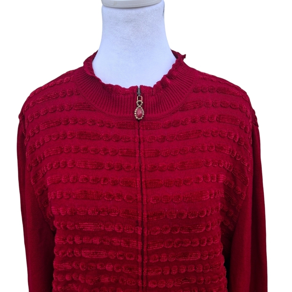 St. John Collection Red Knit Full Zip Long Sleeve Cardigan Sweater Women Size 14 - Picture 4 of 16